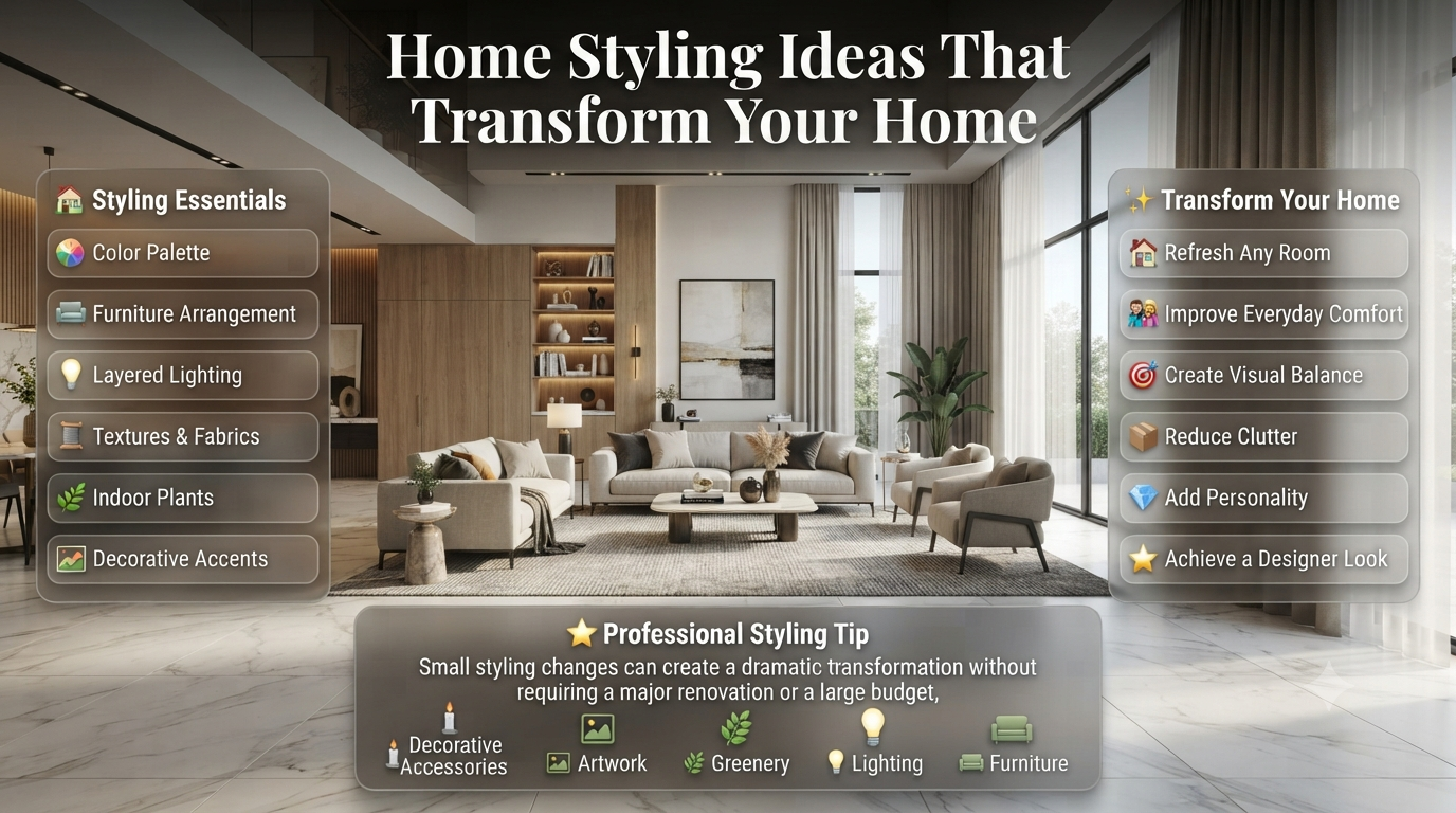 Home styling infographic featuring modern interior décor, furniture arrangement, color palettes, lighting, textures, and decorative accessories for a stylish home.