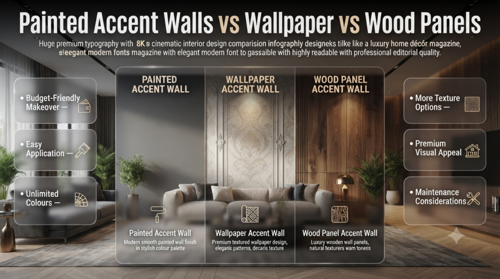 Comparison of painted accent walls, wallpaper, and wood panels showing design styles, benefits, costs, and maintenance differences.