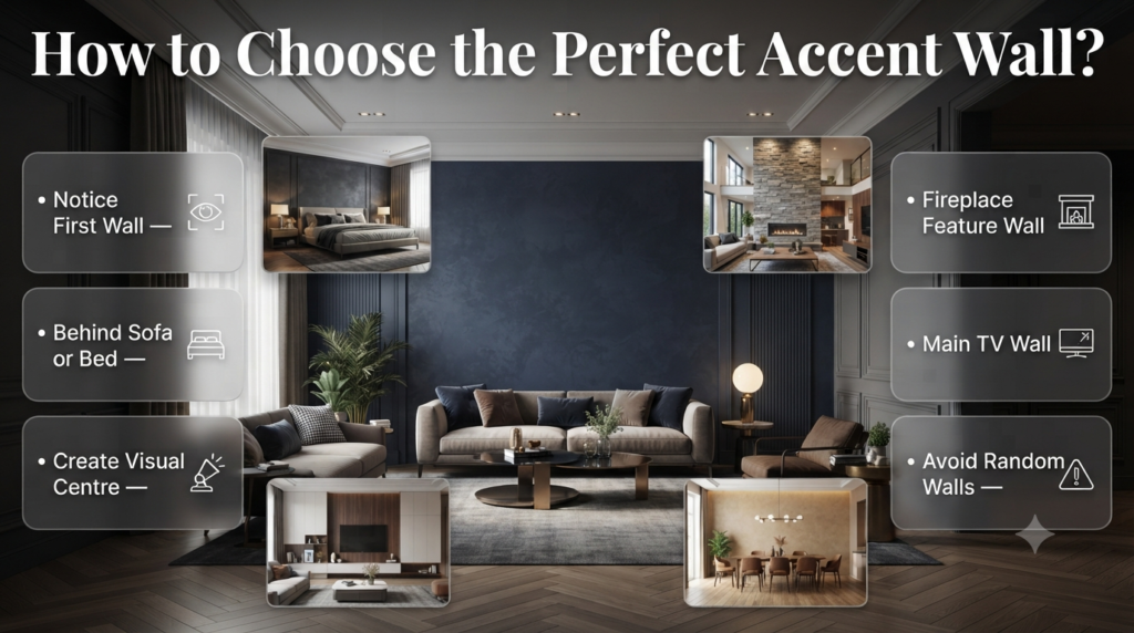 Guide to choosing the perfect accent wall placement with stylish interior ideas for sofa walls, bedroom walls, fireplaces, and TV areas.