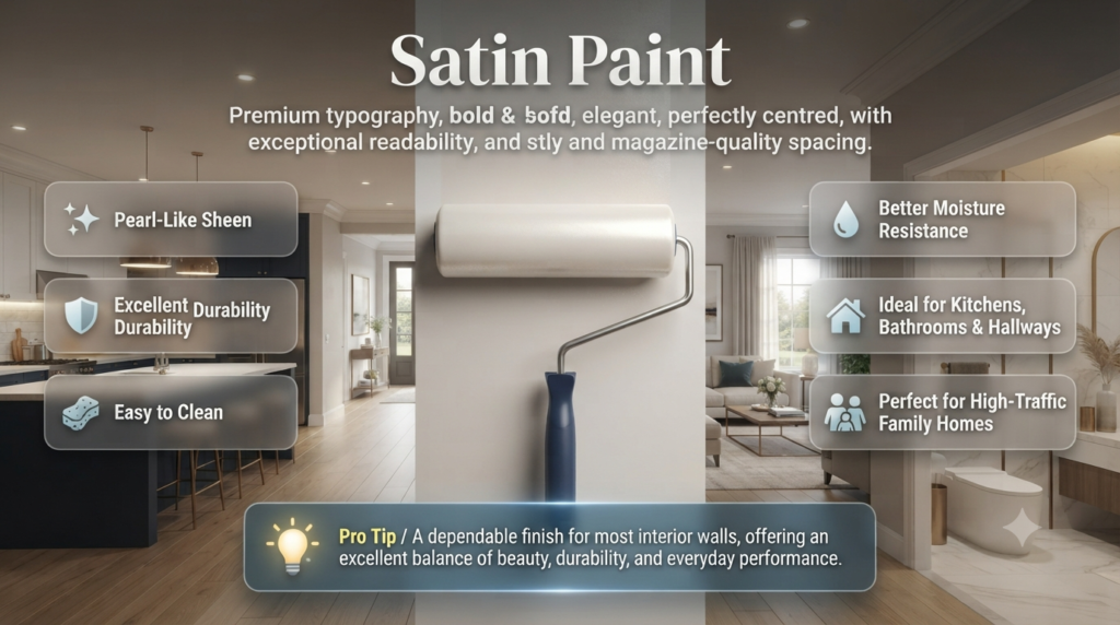 Premium infographic showing satin paint's pearl-like sheen, durability, moisture resistance, and ideal use in kitchens, bathrooms, hallways, and family homes.