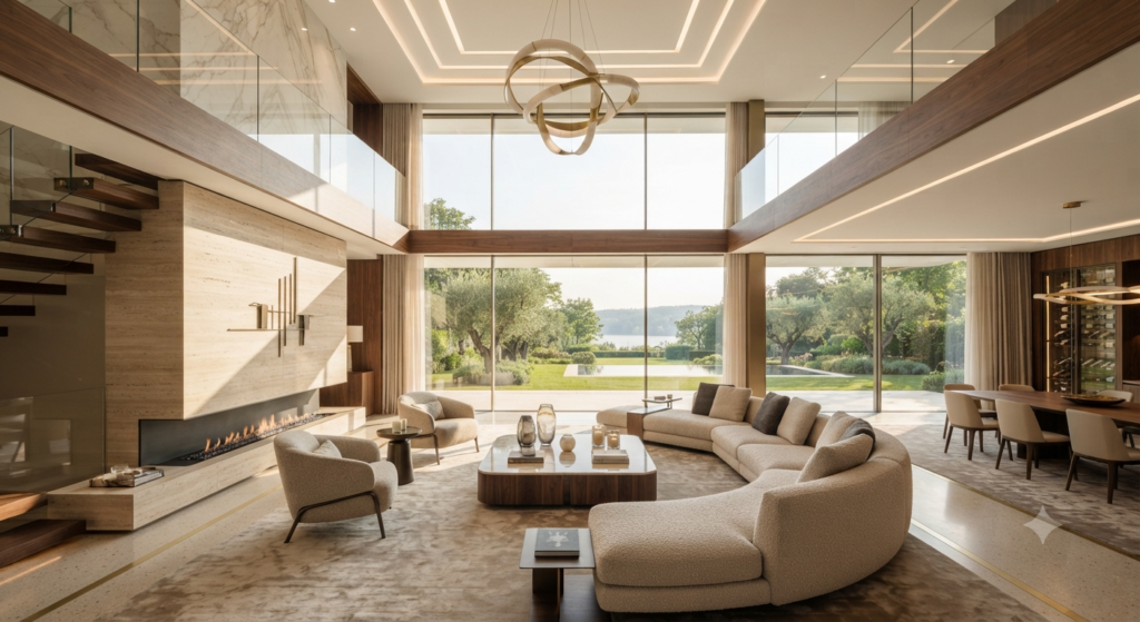 Luxury contemporary interior featuring premium furniture, elegant lighting, sophisticated décor, high-end finishes, and a modern open-concept living space.
