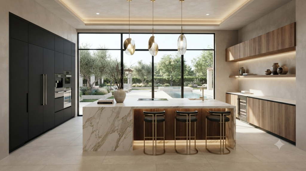 Modern kitchen featuring sleek cabinets, premium countertops, smart storage, contemporary lighting, and elegant interior design.