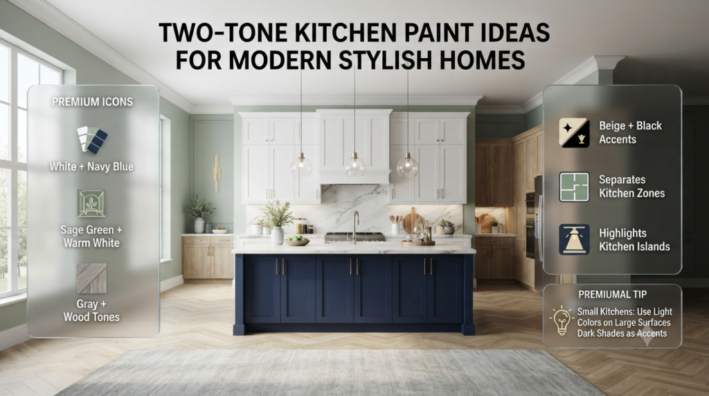 Two-tone kitchen paint ideas featuring white cabinets, navy islands, sage accents, and modern color combinations for stylish interiors