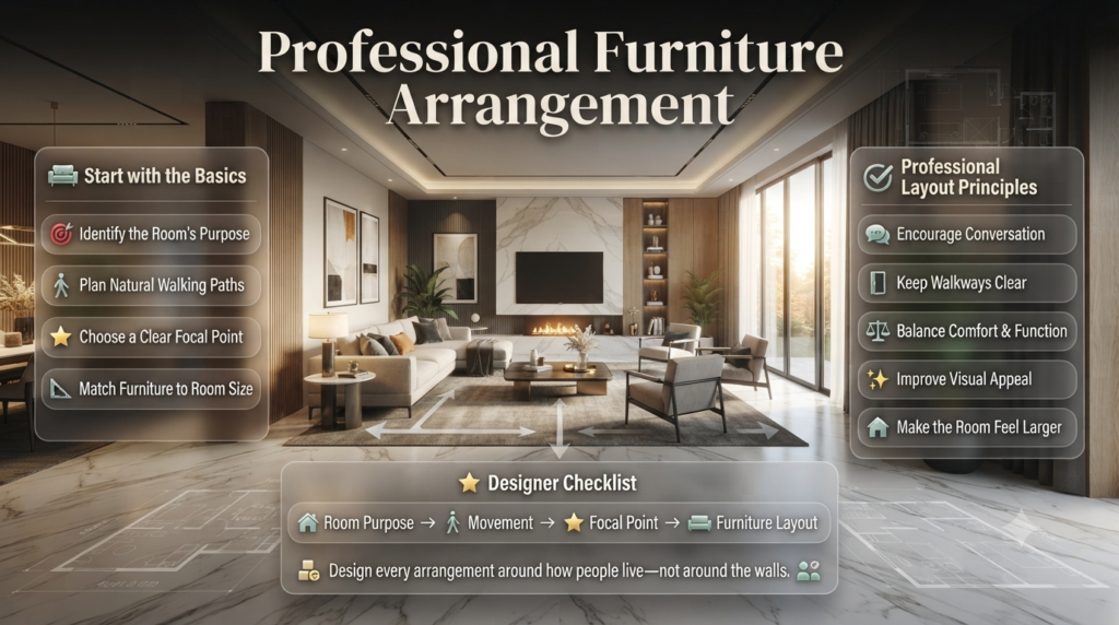 Professional furniture arrangement infographic featuring balanced living room layout, focal point planning, clear walkways, conversation areas, and interior styling tips.