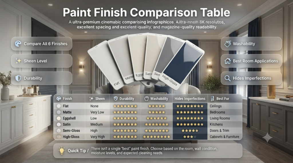 Premium infographic comparing flat, matte, eggshell, satin, semi-gloss, and high-gloss paint finishes by sheen, durability, washability, and ideal applications.