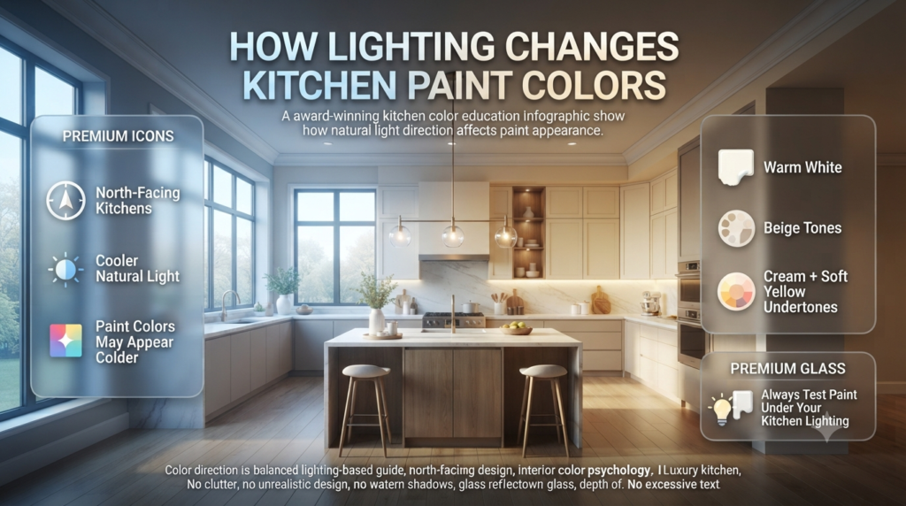 Kitchen lighting effects on paint colors showing north-facing kitchens with warm whites, beige tones, and cream interiors