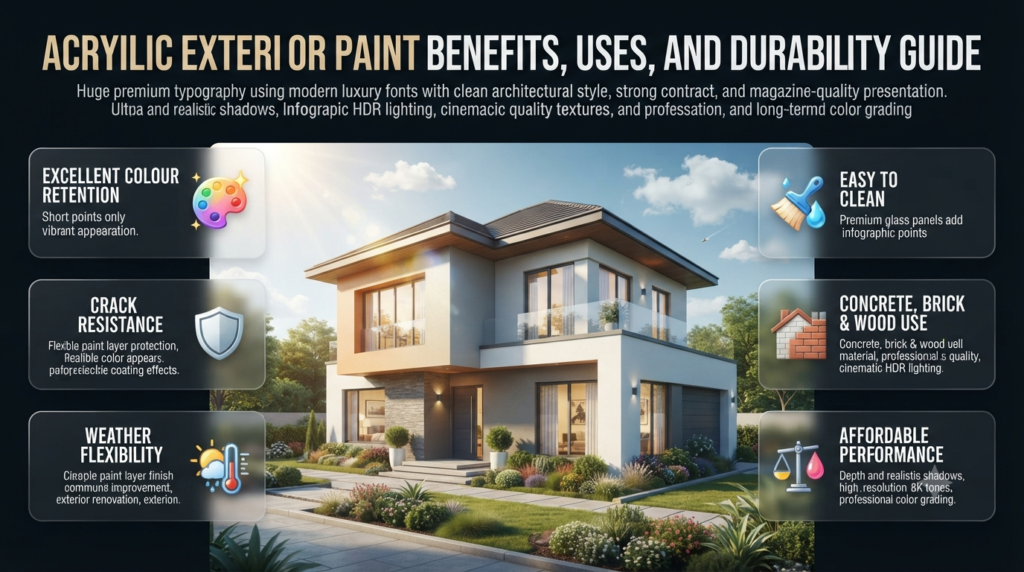 Acrylic exterior paint guide showing weather resistance, colour retention, durability benefits, and suitable home surfaces infographic