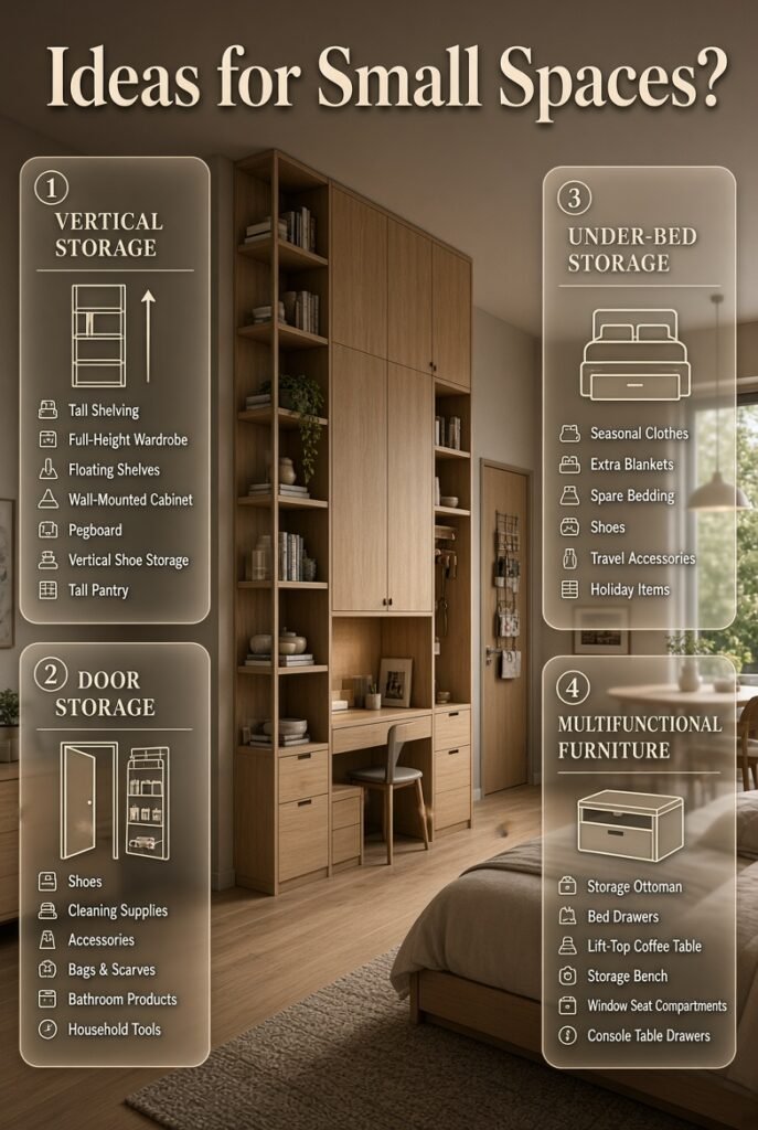 Small-space storage ideas featuring vertical shelving, door organizers, under-bed storage, and multifunctional furniture in a modern home.