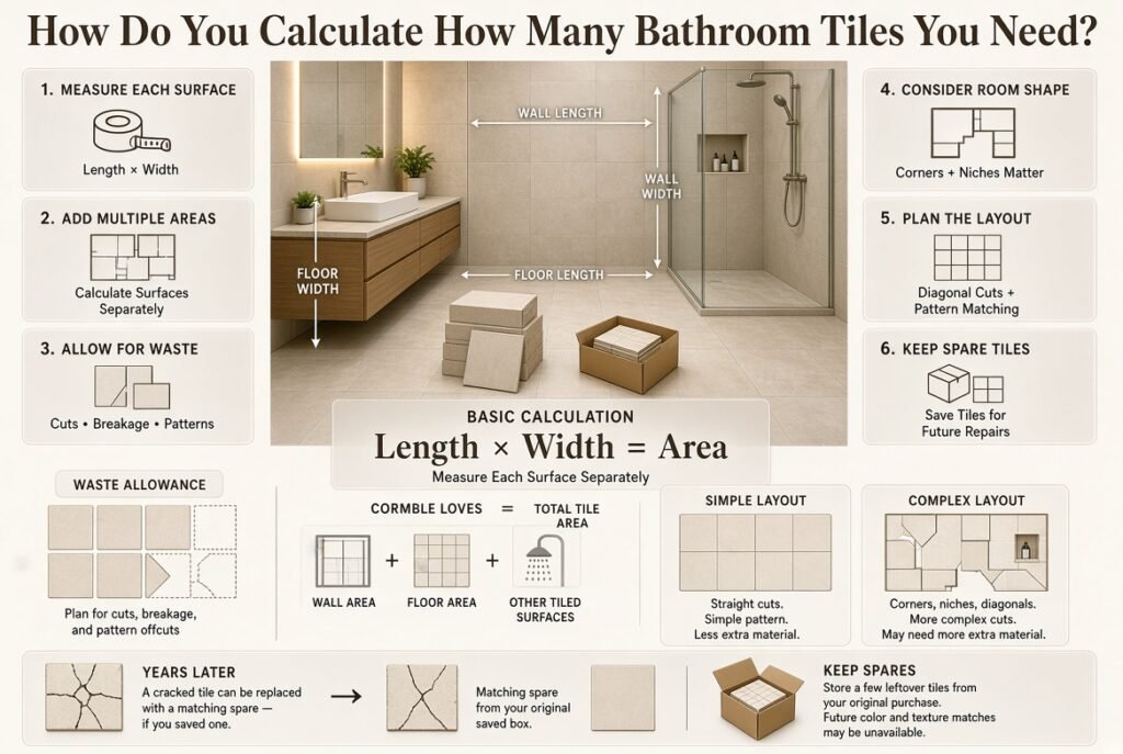 Bathroom tile calculation guide showing surface measurements, area formula, waste allowance, cuts, breakage, and spare tiles.