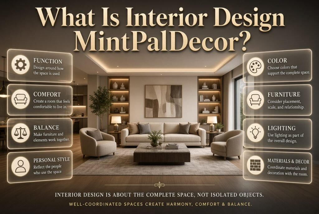 What Is Interior Design MintPalDecor explained through balanced furniture, lighting, color, materials, comfort, function, and personal style.What Is Interior Design MintPalDecor? Complete Design Guide