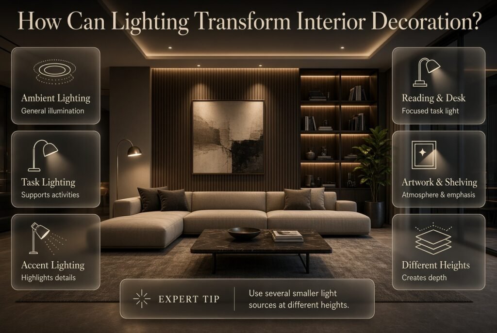 Layered interior lighting with ambient, task, and accent lights transforming a stylish decorated room with depth and atmosphere.