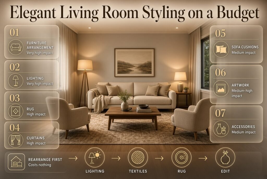 Budget living room styling with smart furniture arrangement, layered lighting, rug, curtains, cushions, artwork, and edited accessories.