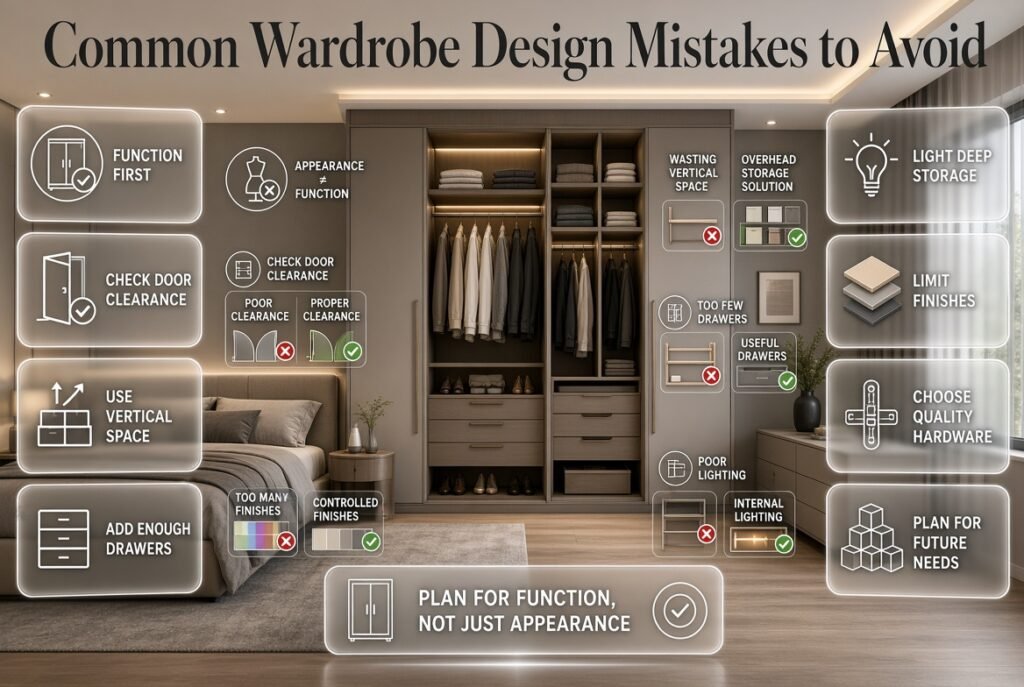 Wardrobe design mistakes including poor storage, door clearance, wasted vertical space, inadequate drawers, lighting, finishes, hardware, and flexibility.