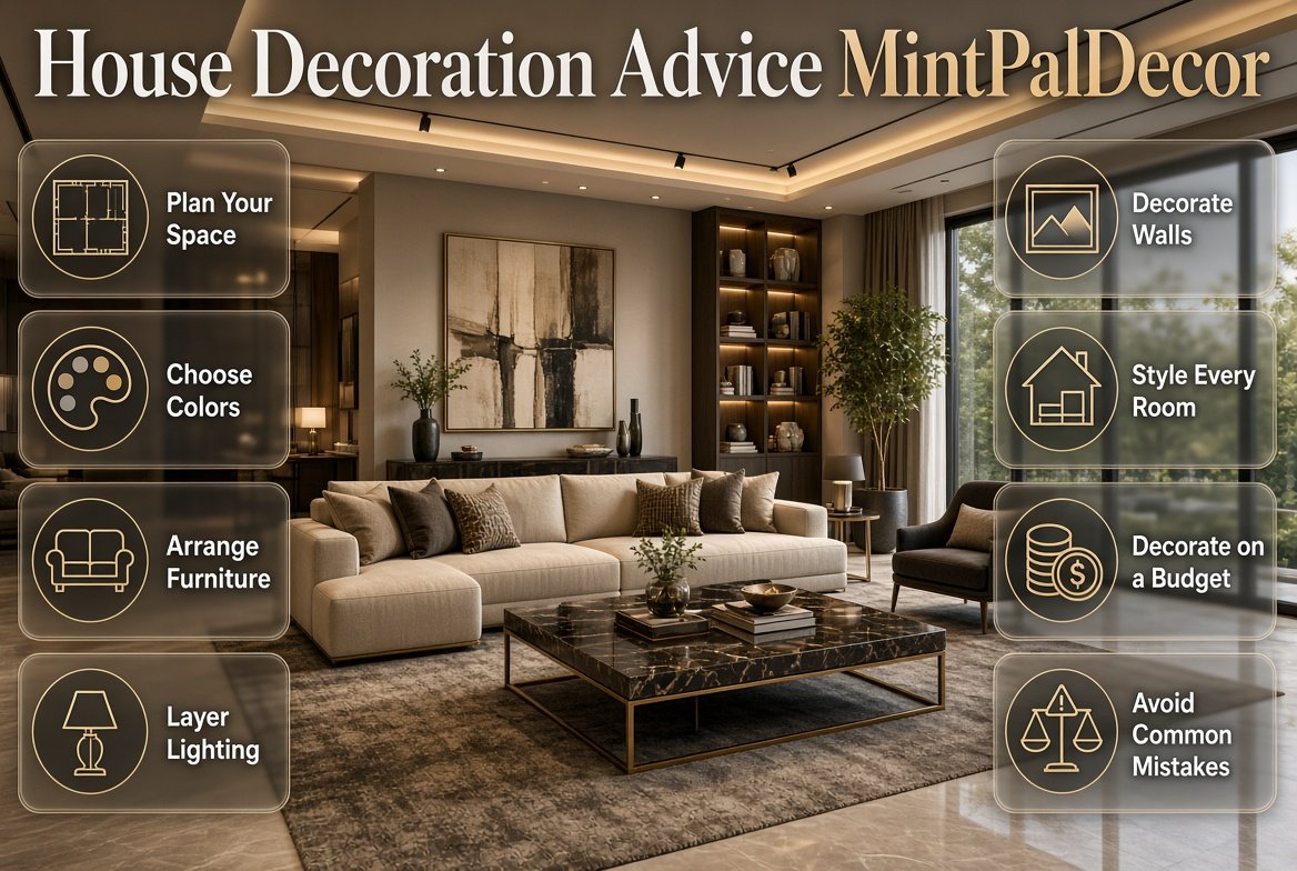 House decoration advice MintPalDecor featuring balanced furniture, color, lighting, textiles, artwork, and stylish home accessories.House Decoration Advice MintPalDecor: Complete Home Guide