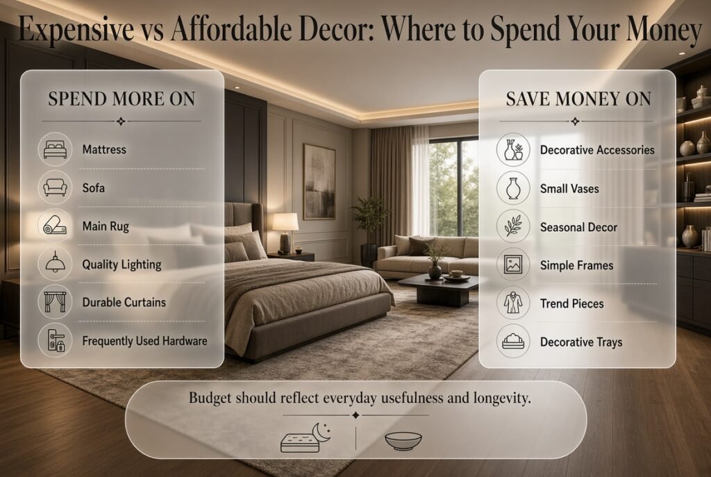 Expensive vs affordable home decor guide comparing mattresses, sofas, rugs, lighting, curtains, and replaceable accessories