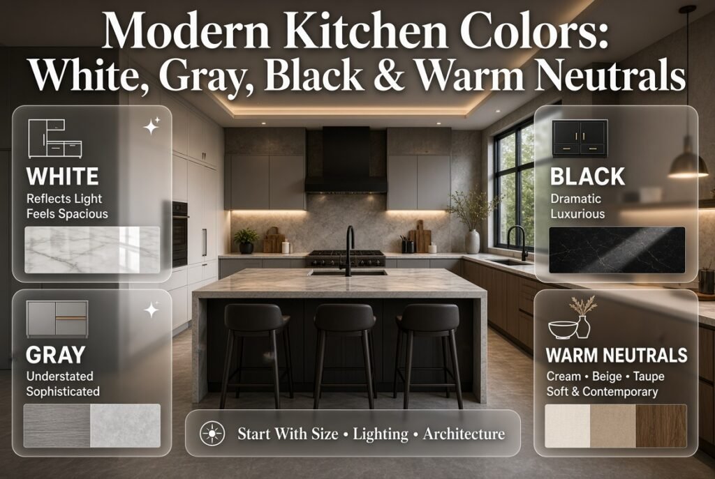 Modern kitchen color ideas featuring white, gray, black, cream, beige, and warm neutral cabinetry with elegant finishes.