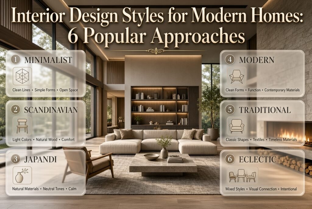 Interior design styles for modern homes featuring minimalist, Scandinavian, Japandi, modern, traditional, and eclectic interiors.