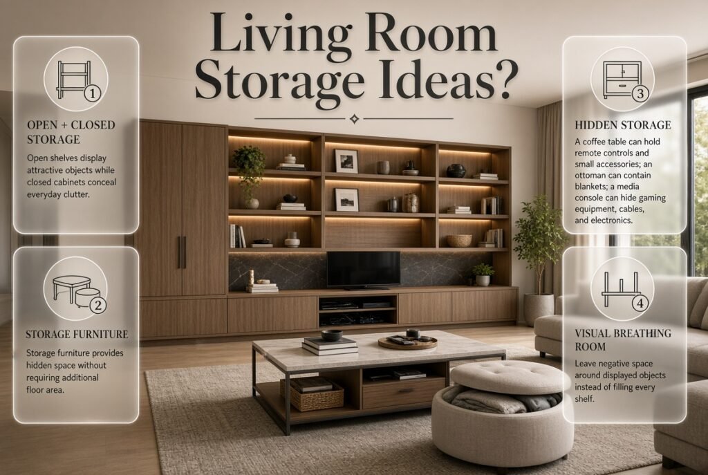 Living room storage ideas featuring open shelving, closed cabinets, storage furniture, baskets, and balanced negative space.