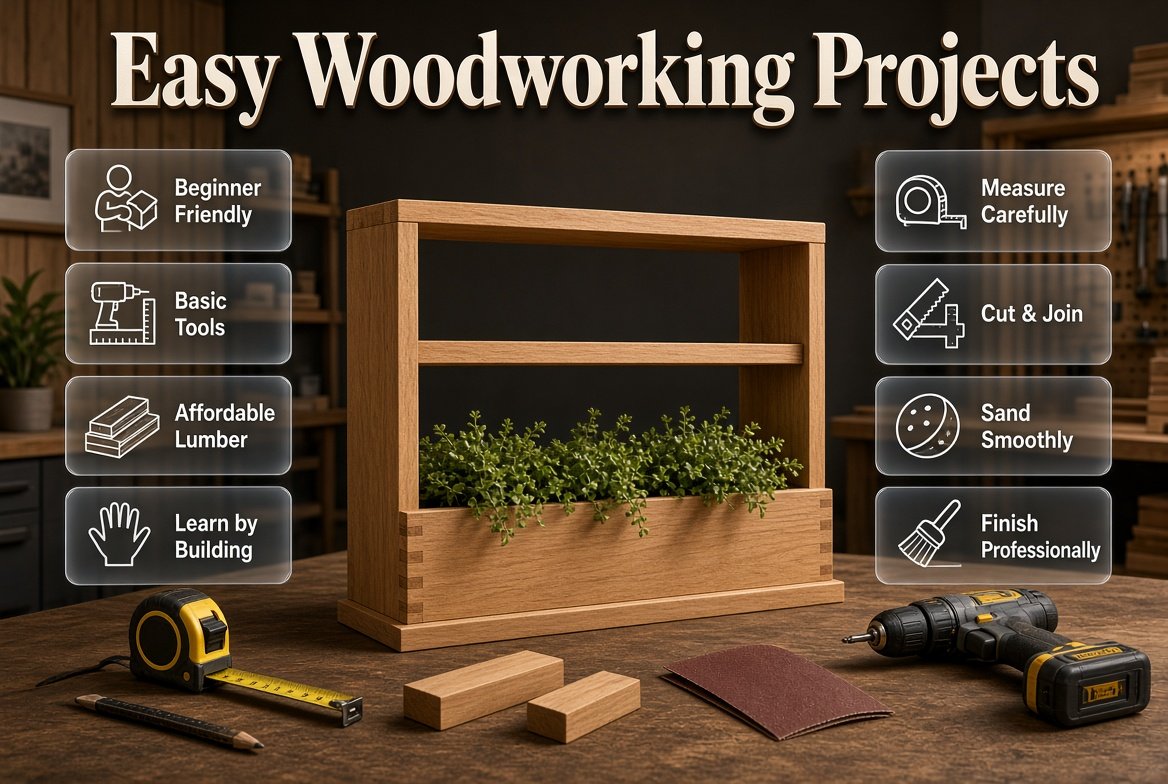 Easy woodworking projects for beginners featuring simple tools, wood crafts, storage, shelves, planters, and DIY home ideas.