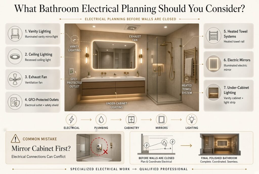 Bathroom electrical planning with vanity lighting, ceiling lights, GFCI outlets, exhaust fan, electric mirror, and towel heating.