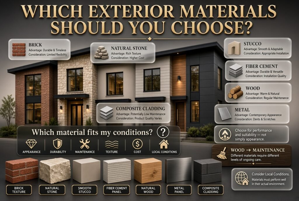 Exterior materials guide comparing brick, stone, stucco, fiber cement, wood, metal, and composite cladding for home exteriors.