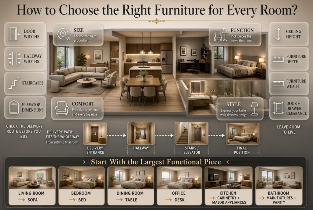 Furniture selection guide showing size, function, comfort, style, delivery access, and the main furniture piece for each room.