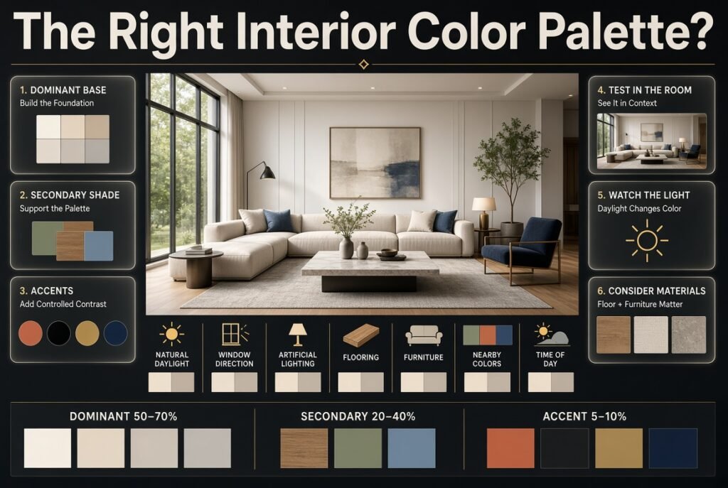 Interior color palette with dominant neutral, secondary shade, and accent colors balanced across a modern living room