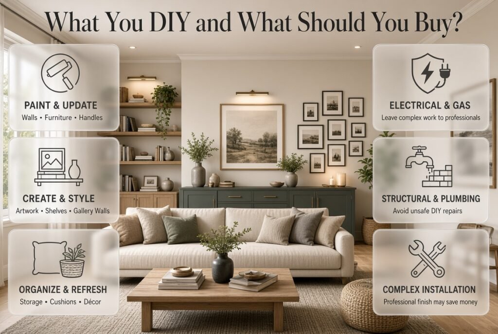 DIY home decorating ideas showing simple projects to tackle yourself and professional work that requires expert help.