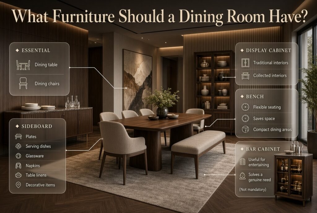 Elegant dining room with table, chairs, sideboard, cabinet, bench, and bar cabinet arranged for practical storage and entertaining.
