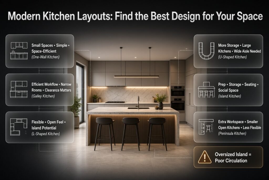 Modern kitchen layouts compared with island, galley, L-shaped, U-shaped, and one-wall designs for efficient living.