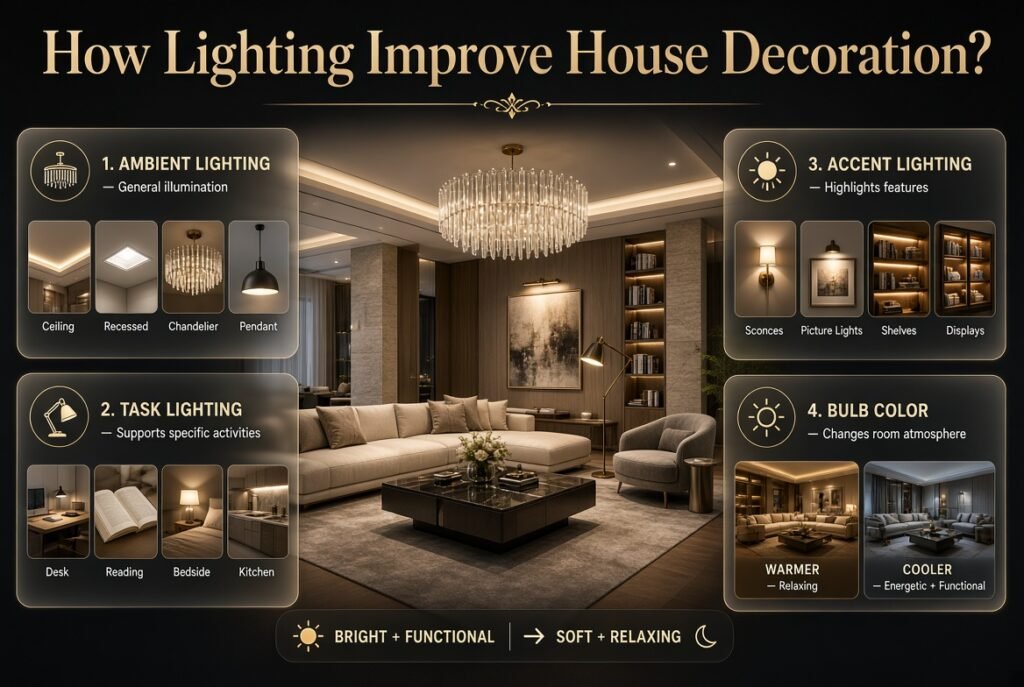 Layered house lighting showing ambient, task, and accent lights transforming a stylish living room with warm illumination