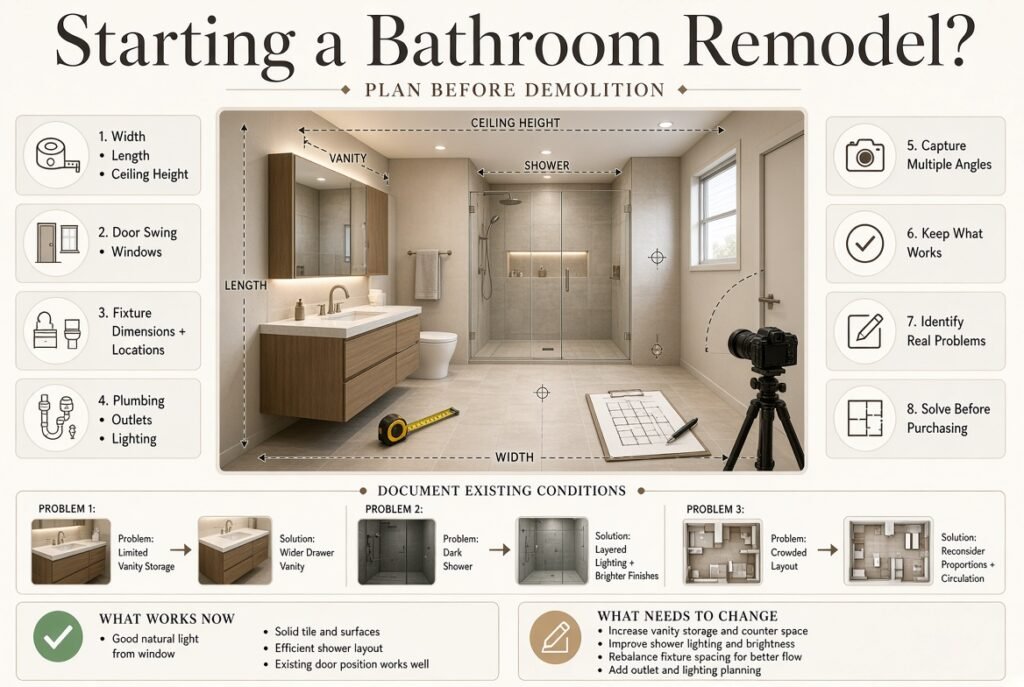 Bathroom remodel planning with measurements, existing conditions, layout notes, plumbing, lighting, storage, and problem-solving before demolition.