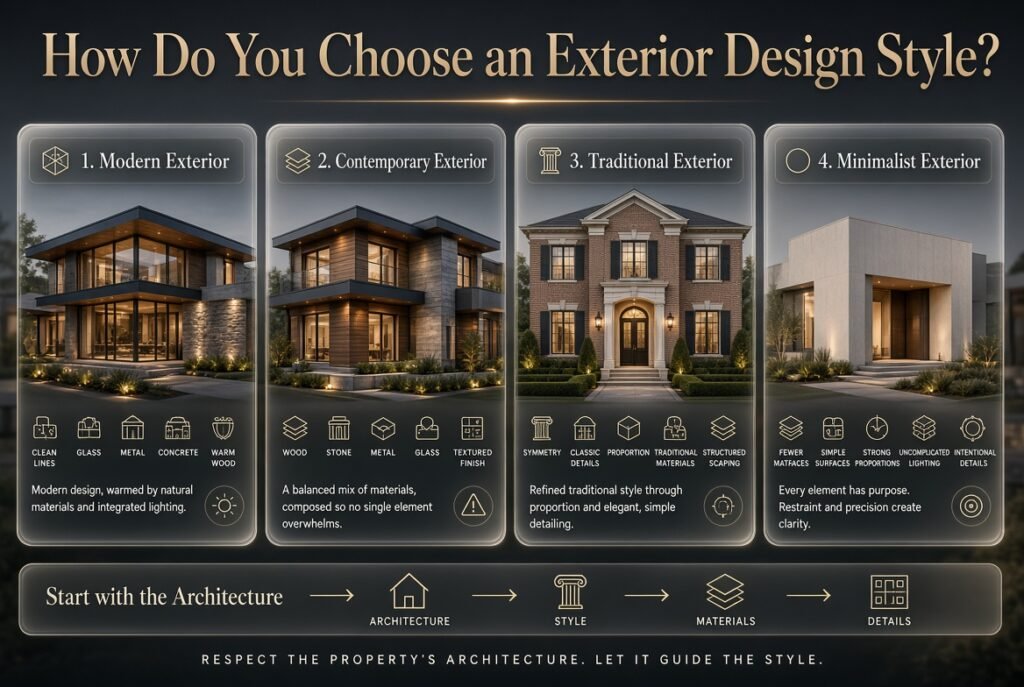 Exterior design style guide comparing modern, contemporary, traditional, and minimalist home exteriors with coordinated materials and landscaping.
