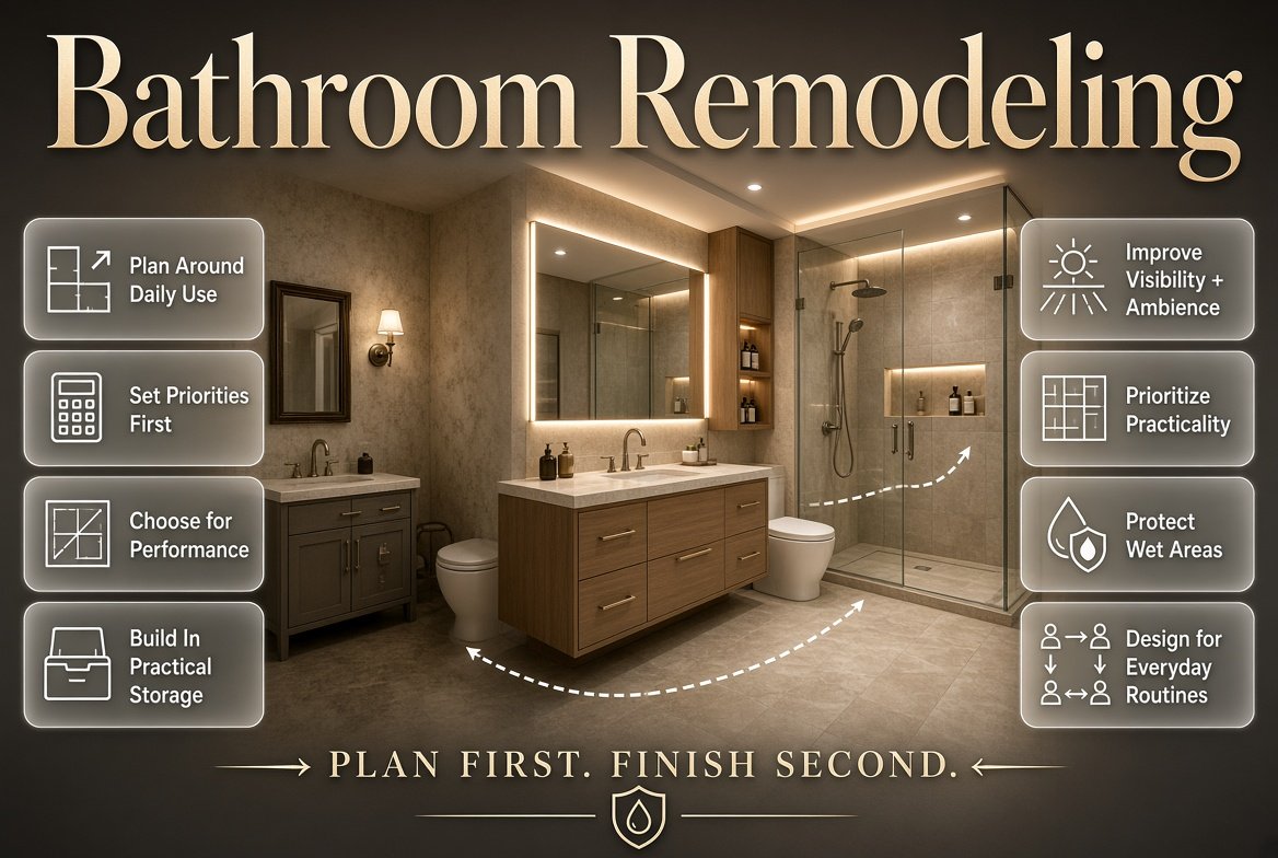 Modern bathroom remodel with updated vanity, shower, lighting, storage, flooring, and stylish finishes in a functional layout.Bathroom Remodeling Guide for a Functional Modern Bathroom