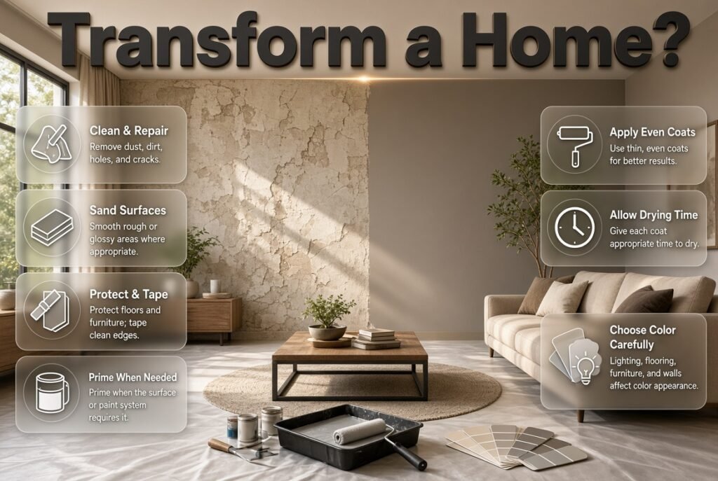 DIY painting guide showing wall preparation, sanding, priming, even coats, and color selection for transforming a home interior.