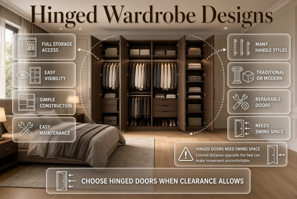 Hinged wardrobe design with full storage access, clear interior visibility, practical doors, and adequate clearance in a modern bedroom.
