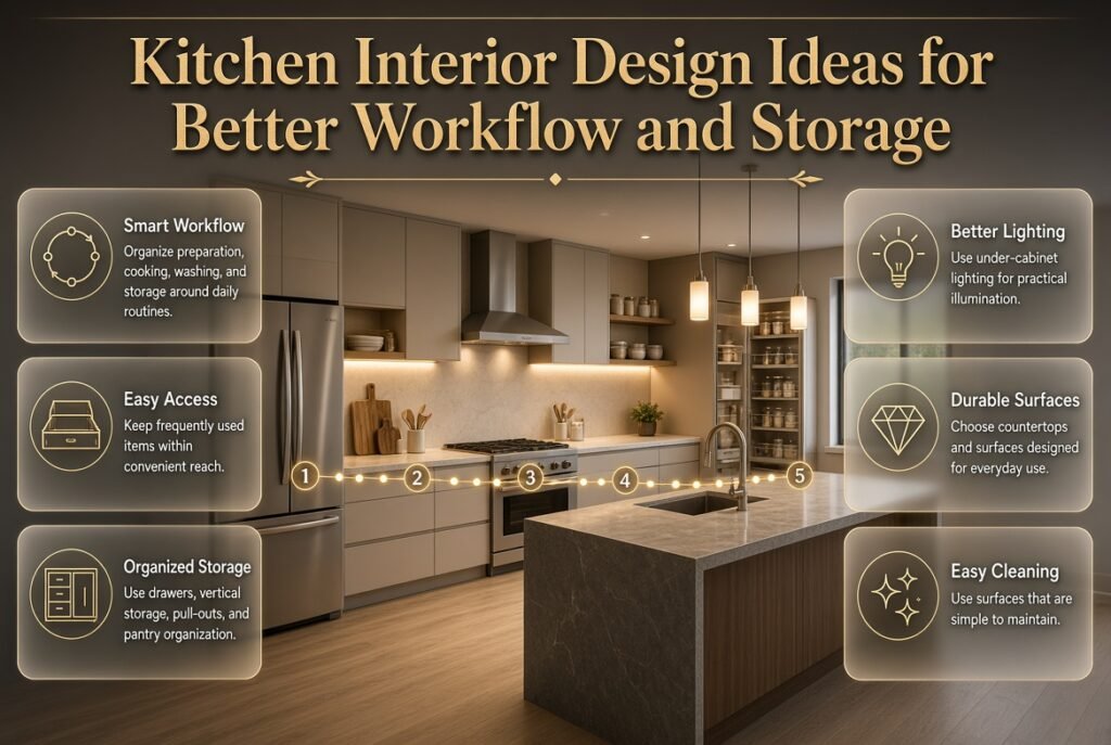 Kitchen interior design with organized workflow, smart storage, under-cabinet lighting, durable counters, and easy-access pantry areas