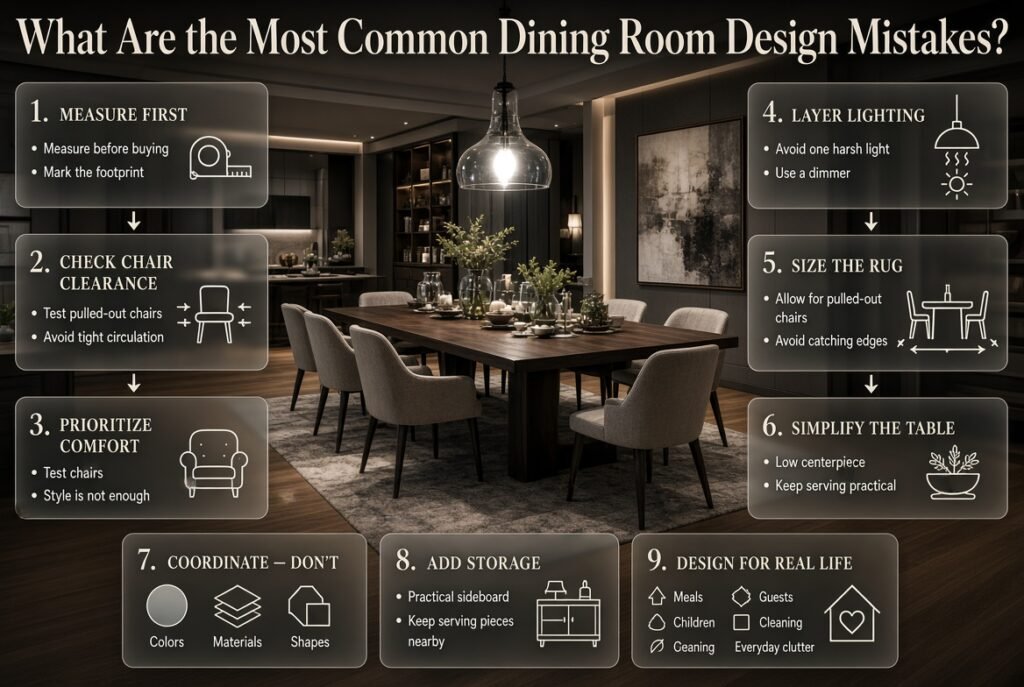 Dining room infographic showing nine common design mistakes including poor measurements, tight chairs, harsh lighting, small rugs, and clutter.