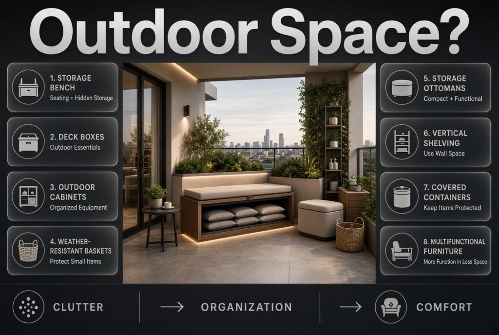 Outdoor space storage with benches, deck boxes, cabinets, baskets, vertical shelving, and multifunctional furniture
