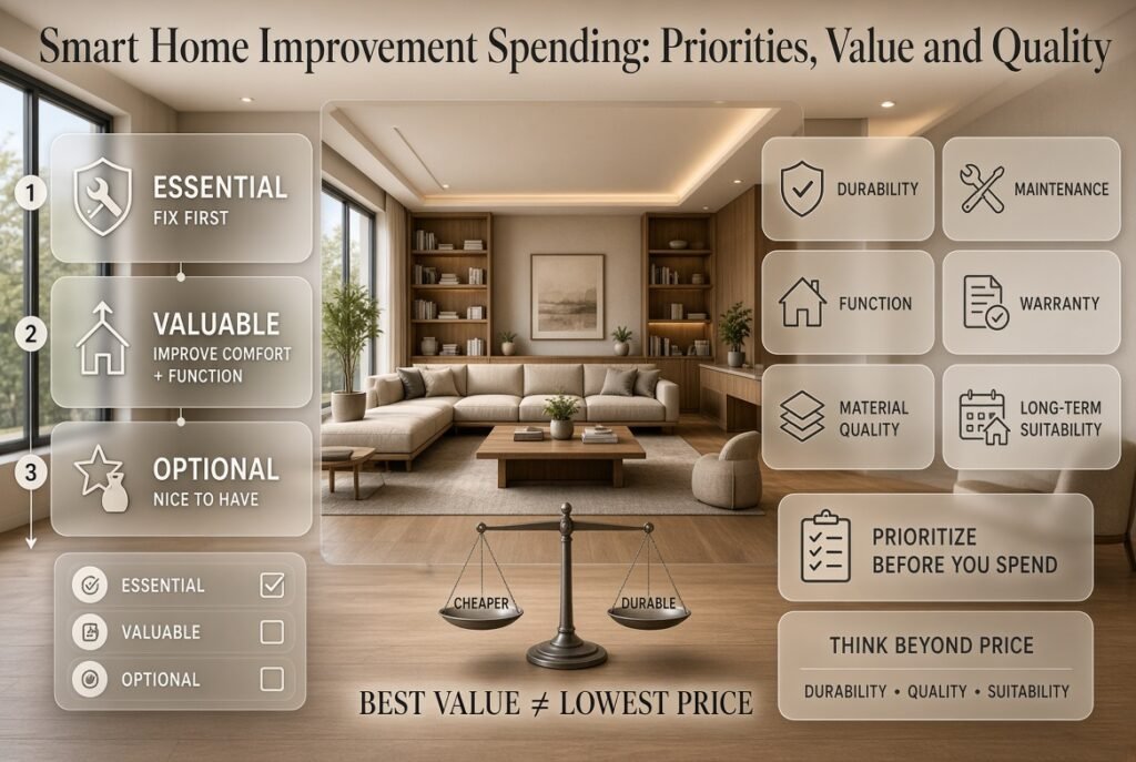 Smart home improvement spending infographic showing essential, valuable, and optional priorities plus durability, maintenance, function, warranty, and quality.