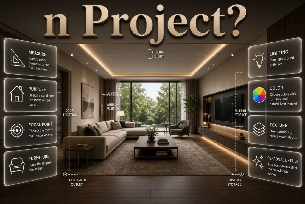 Interior design project planning guide showing room measurements, purpose, focal point, furniture, lighting, color, texture, and personal details.