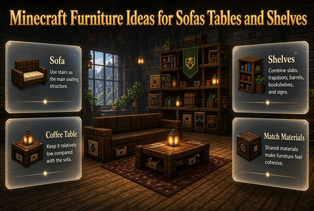 Minecraft furniture ideas featuring a sofa, coffee table, and shelves built with stairs, slabs, trapdoors, signs, and matching materials
