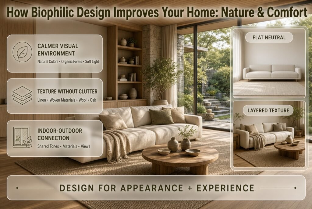 Biophilic home interior showing natural textures, warm wood, greenery, soft lighting, and indoor-outdoor connections for a calmer atmosphere.