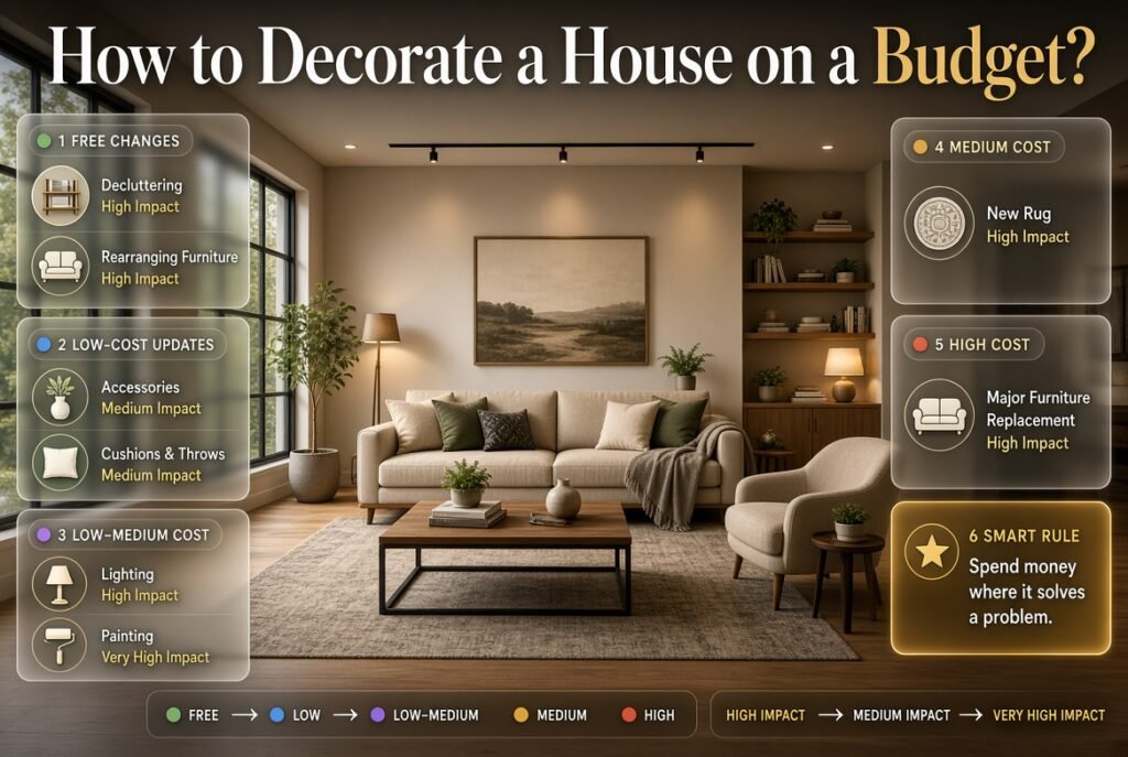 Budget-friendly home decoration showing furniture rearrangement, new textiles, lighting, painting, and accessories for high impact