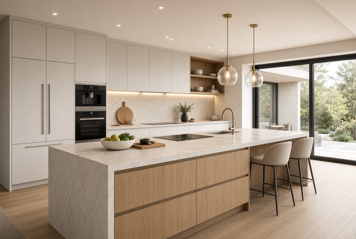 Modern kitchen design with sleek cabinets, stone island, natural wood accents, integrated appliances, and layered lighting.Modern Kitchen Design Ideas for a Stylish and Functional Home