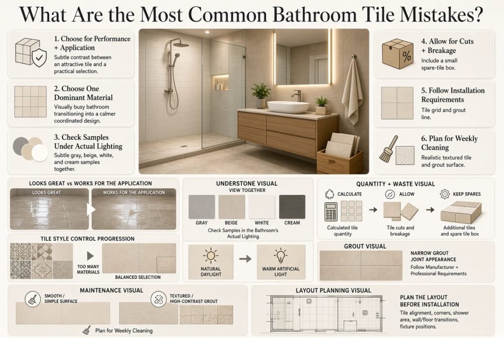 Bathroom tile mistakes including poor performance choices, mismatched undertones, excessive styles, grout issues, waste, and maintenance.