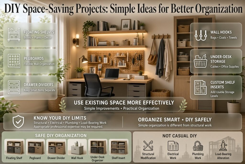 DIY space-saving projects featuring floating shelves, pegboards, drawer dividers, wall hooks, under-desk storage, and shelf inserts.