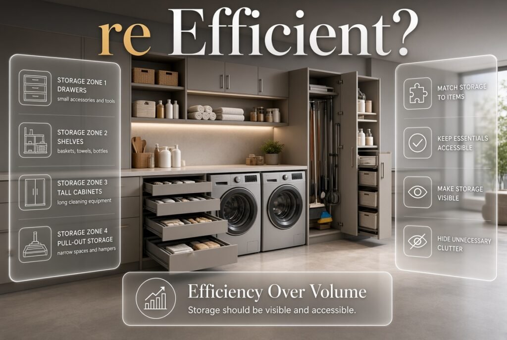 Efficient laundry room storage with drawers, shelves, tall cabinets, and pull-out solutions for accessible organized essentials