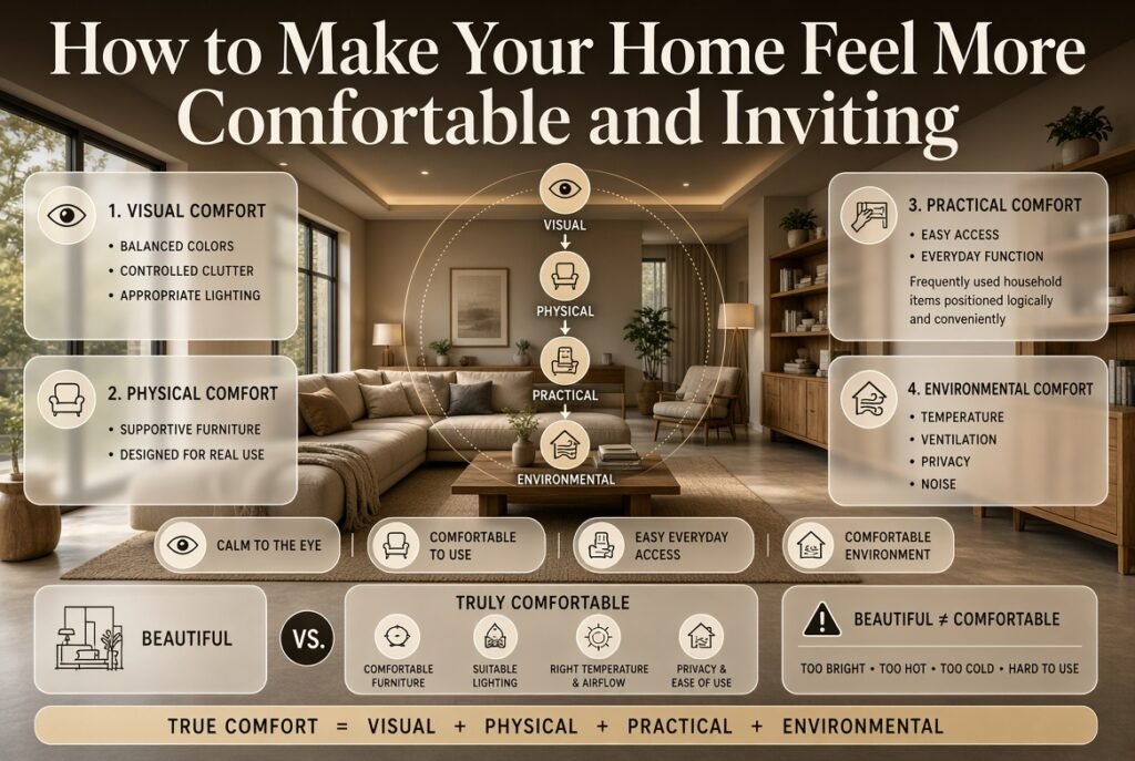 Home comfort infographic showing visual, physical, practical, and environmental comfort through lighting, furniture, access, temperature, and privacy.