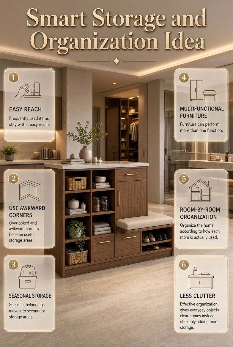 Smart storage and organization ideas showing multifunctional furniture, hidden storage, organized shelves, and clutter-free home spaces.